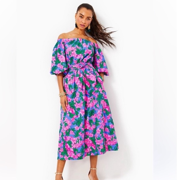 Lilly Pulitzer Dresses & Skirts - Lilly Pulitzer Pink & Green Floral Off-Shoulder Midi Dress